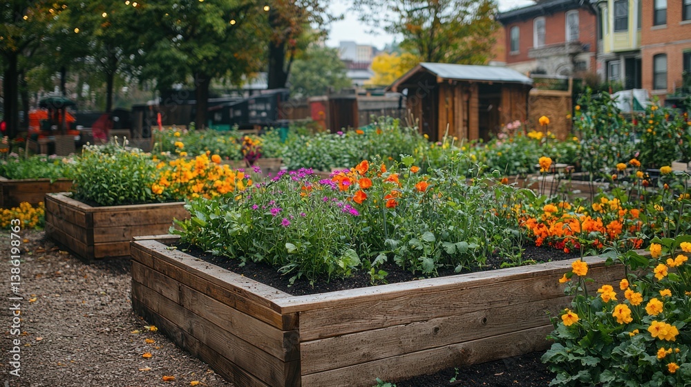 Obraz premium Vibrant community garden with raised wooden beds overflowing with colorful flowers in autumn.