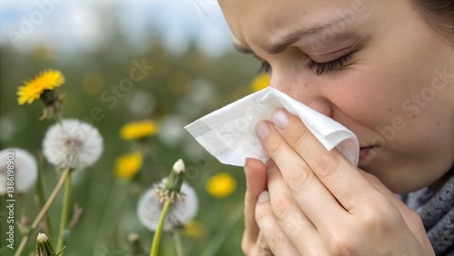 Close-up of a woman sneezing into a tissue near blooming tree branches. Represents seasonal allergies, pollen sensitivity, and springtime discomfort in nature.