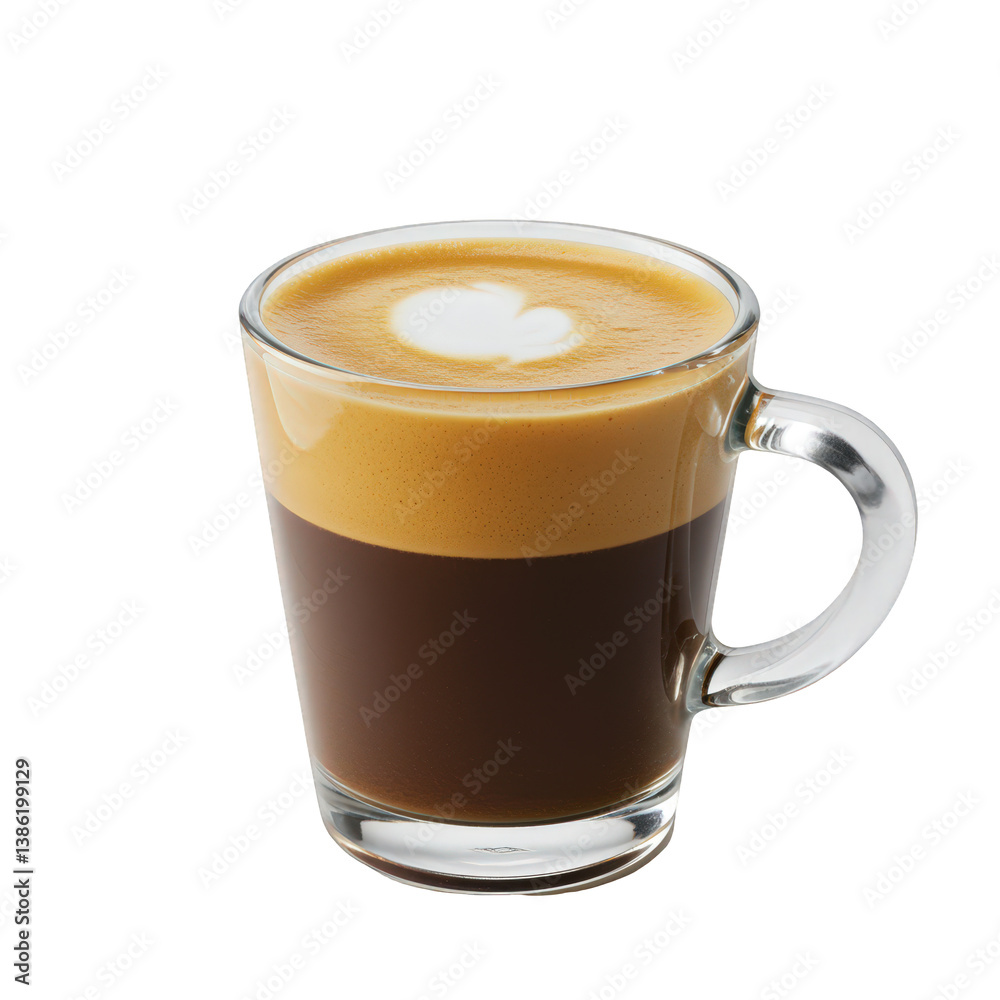 Layered latte with heart-shaped foam art in a clear glass mug. Layered latte with heart-shaped foam art in a clear glass mug.