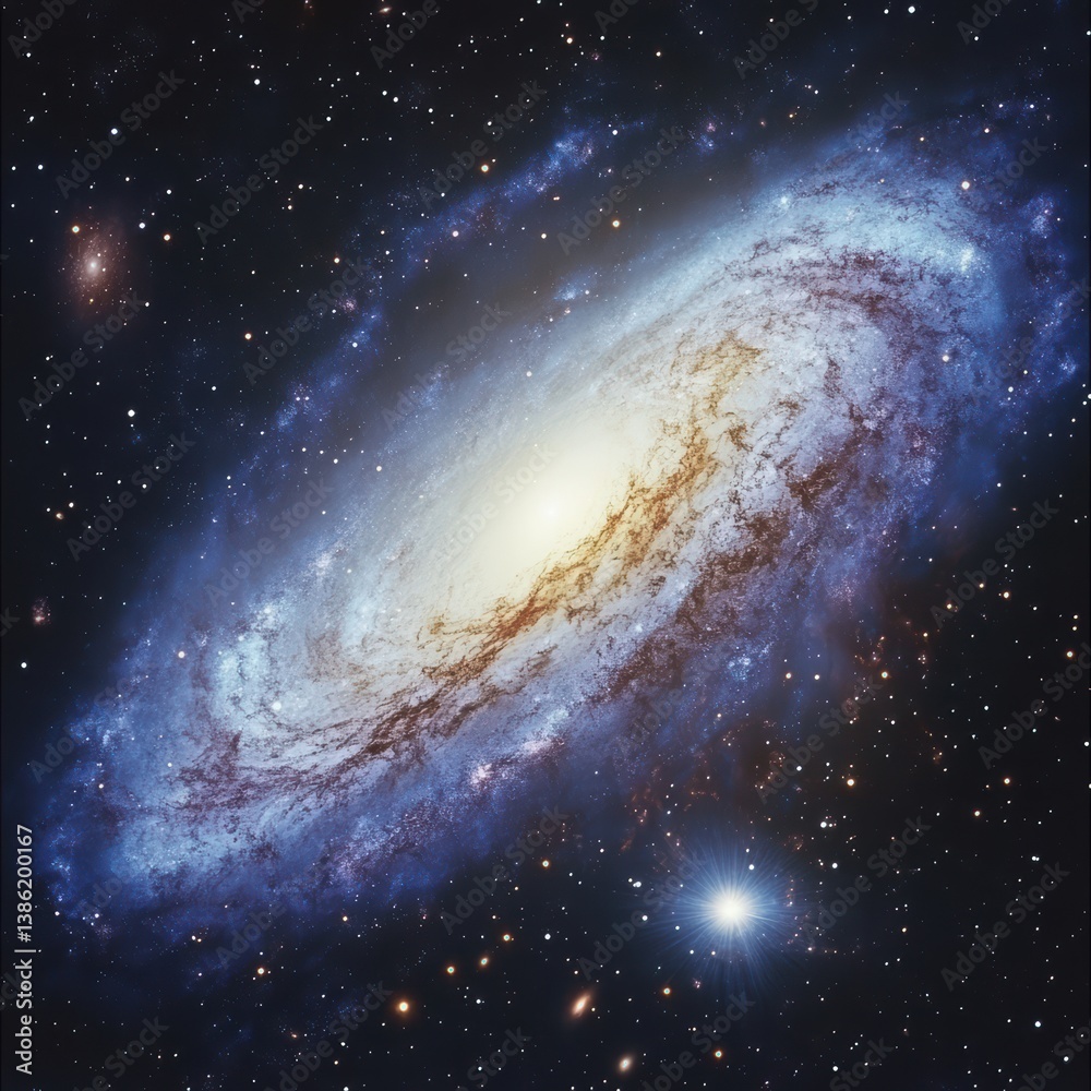 Fototapeta premium A stunning, ultra-realistic view of deep space featuring detailed nebulae in rich blues and purples, glowing stars and a distant spiral galaxy.