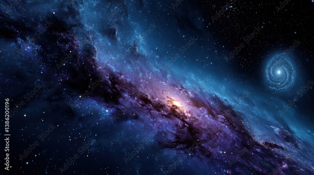 Fototapeta premium A stunning, ultra-realistic view of deep space featuring detailed nebulae in rich blues and purples, glowing stars and a distant spiral galaxy.