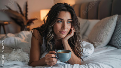 young woman in the morning lies in bed with a cup of morning coffee, good morning, pleasant awakening	
