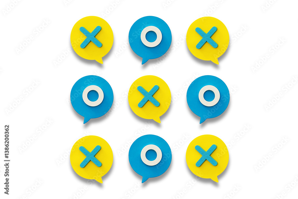 Tic tac toe game with speech bubbles on white background Tic tac toe game with speech bubbles on white background