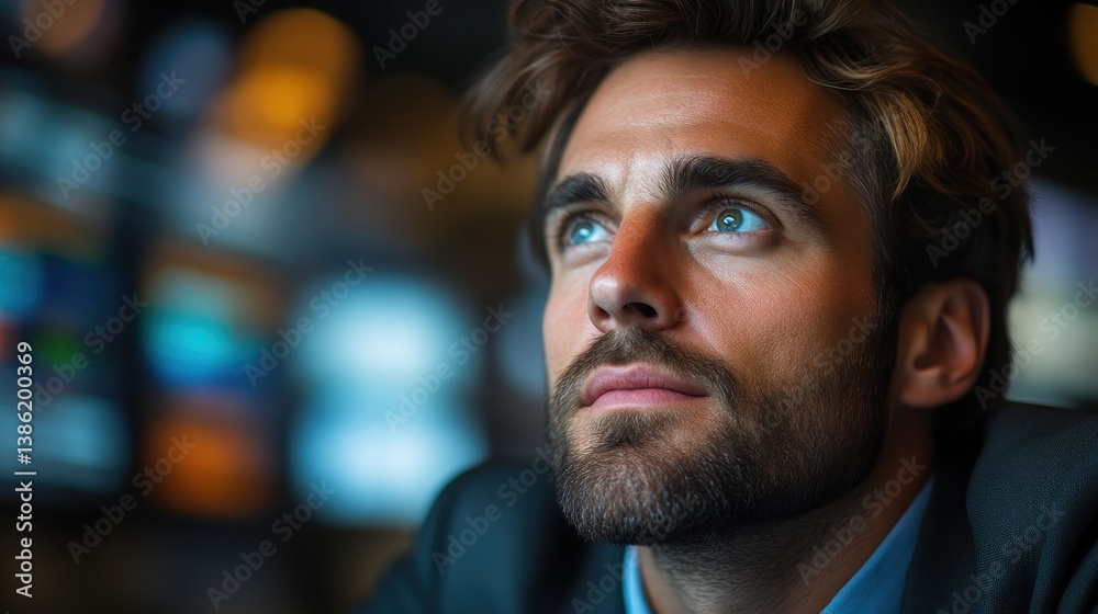 Fototapeta premium Thoughtful Businessman in Professional Setting Looking Upward with Intense Focus and Determina