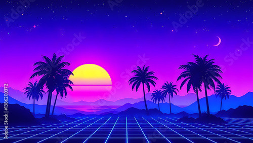 Retro Futuristic Neon Landscape with Glowing Sunset, Palm Trees Silhouettes. Synthwave Style. Purple and Blue  Gradient