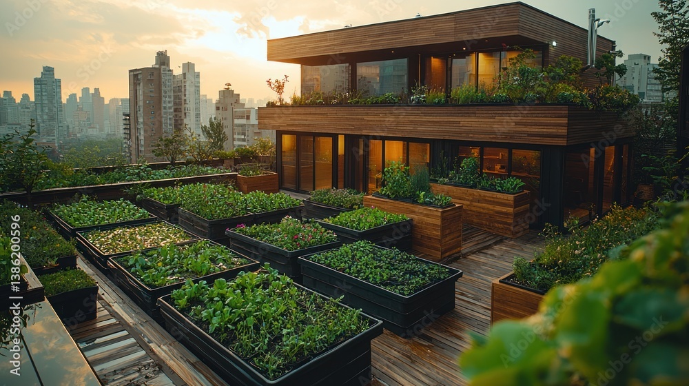 Obraz premium Modern rooftop garden with urban cityscape background at sunset.