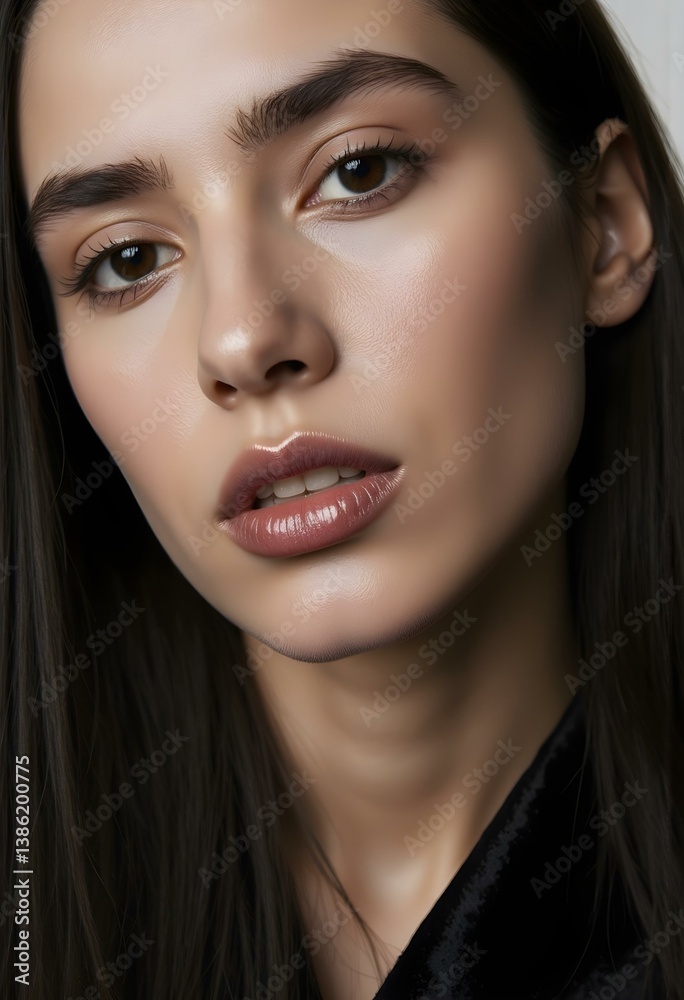 Beauty Model with Post-Lip Enhancement Look and Surgical Nose Bandage, Wearing a Black Robe and Gazing into Camera in a Minimalist Aesthetic Clinic Studio Setting Beauty Model with Post-Lip Enhancement Look and Surgical Nose Bandage, Wearing a Black Robe and Gazing into Camera in a Minimalist Aesthetic Clinic Studio Setting