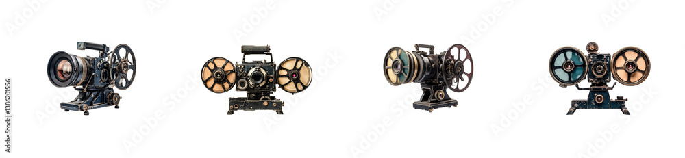 Obraz premium Vintage film projectors collection displaying classic cinematic equipment. Set png cut out
