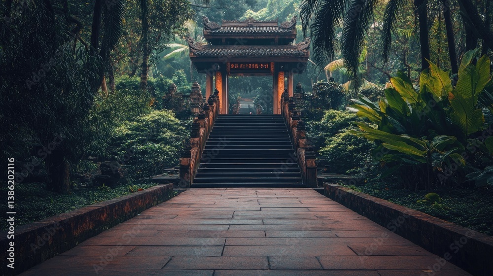 Obraz premium A serene pathway leading up to the temple entrance