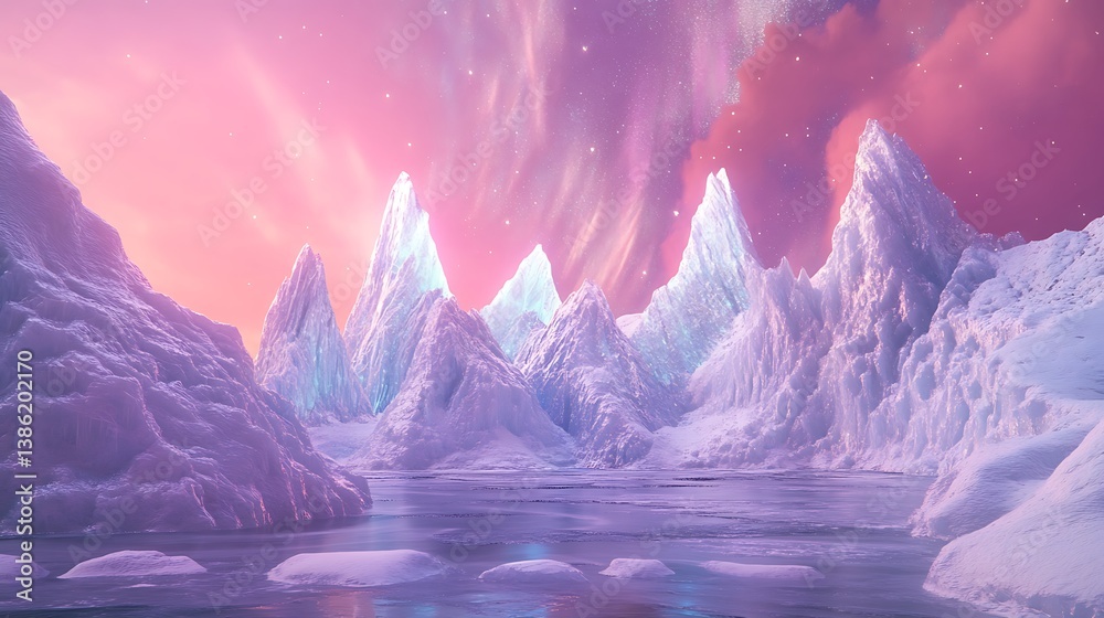 A beautiful icy landscape is surrounded by a pink glowing sky