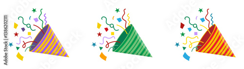 Party popper cone icons set. Confetti birthday explosion congratulate and celebrate elements. Party popper cone icons set in different colors. Confetti for parties and holidays. Vector illustration.