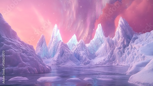 Obraz na płótnie A beautiful icy landscape is surrounded by a pink glowing sky w salonie
