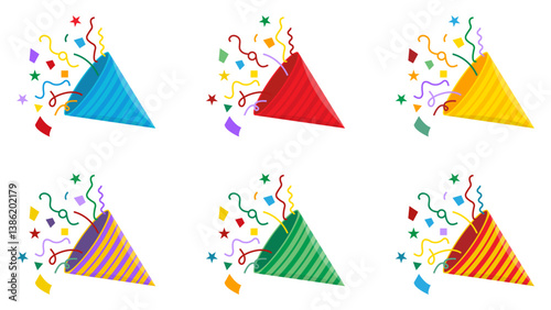 Party popper icons set isolated. Confetti birthday explosion congratulate and celebrate elements. Party popper icons set in different colors. Confetti for parties and holidays. Vector illustration.