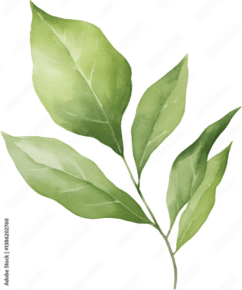 Obraz premium Watercolor botanical illustration of broad leaves with detailed veining, green foliage painting for modern interior design and print materials