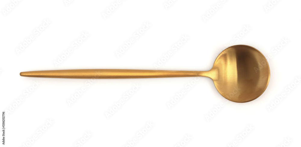 Close up metallic Gold bronze spoon with light shadow on white. Top view Close up metallic Gold bronze spoon with light shadow on white. Top view
