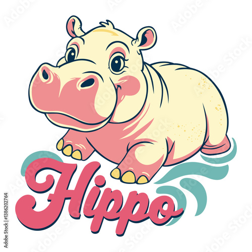 Cute hippopotamus. Vector isolated illustration with lettering