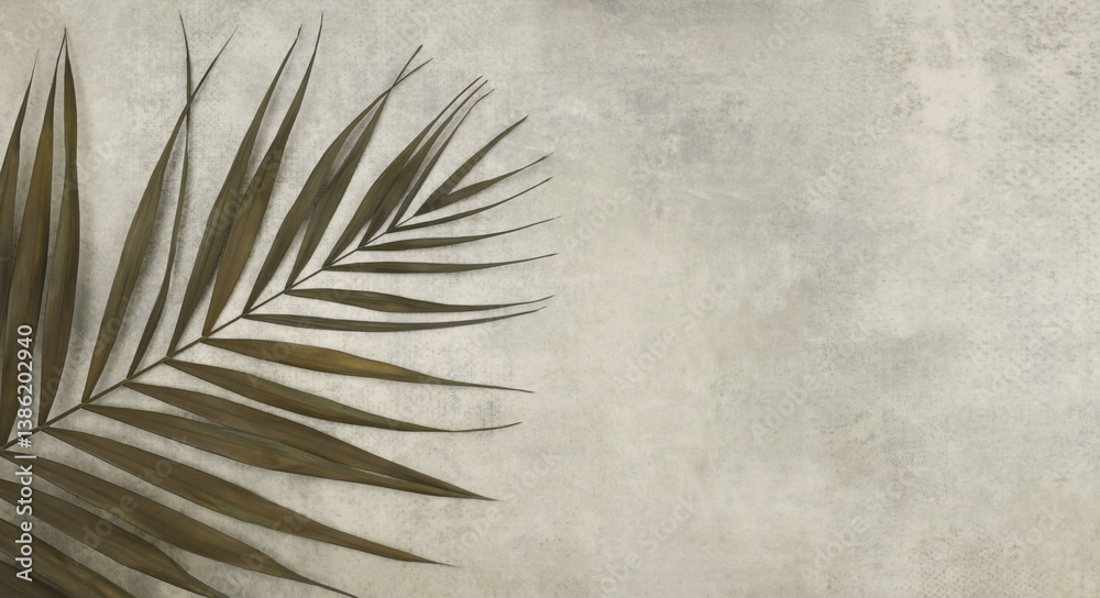 Fototapeta premium Palm leaf on marble grain texture beige gray wall. Light and shadow smoke abstract copy space grunge dirty horizontal background.