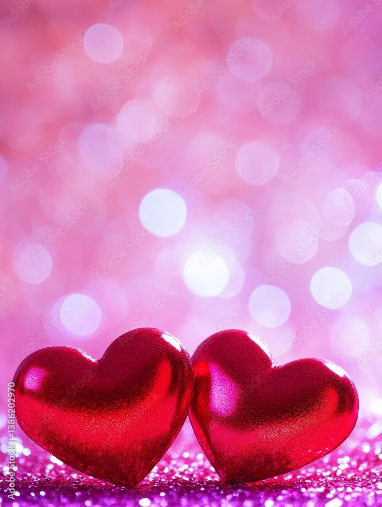 Fototapeta premium Two Glossy Red Hearts on Pink Glitter - Close-up of two shiny red hearts resting on pink glitter. Symbolizing love, romance, Valentine's Day, affection, and togetherness