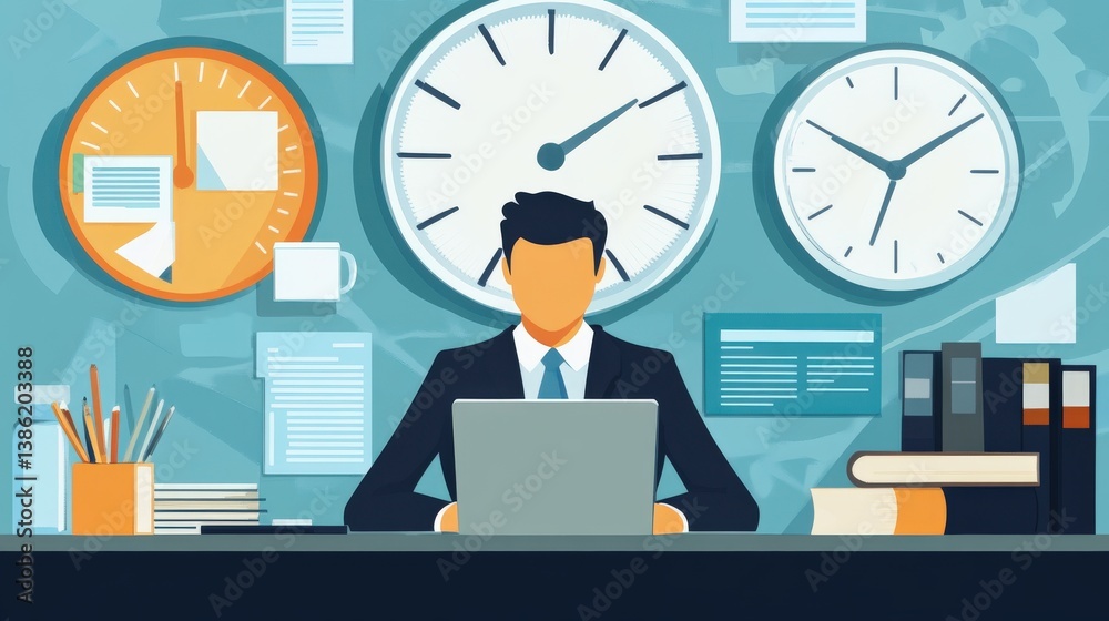Businessperson working at a desk with multiple clocks in background Businessperson working at a desk with multiple clocks in background