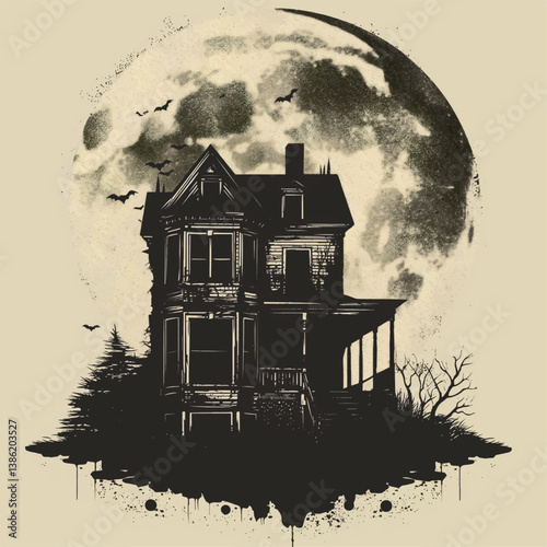 Haunted house silhouette against a full moon background  