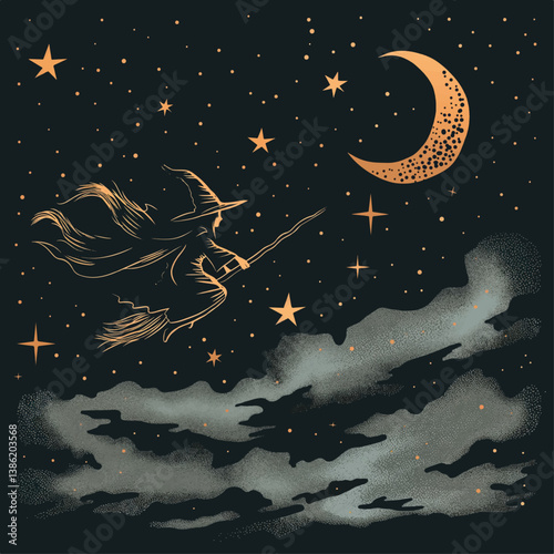 Witch flying across the starry sky with a crescent moon  