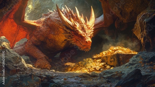 A powerful dragon guarding a treasure hoard in a cave