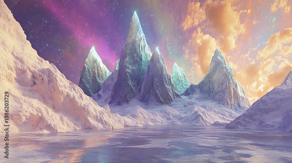 Majestic snow covered mountains stand over a frozen reflective landscape