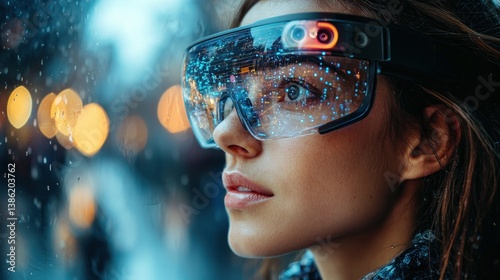 Woman wearing futuristic smart glasses, city reflection.