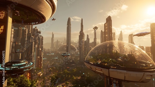 Fototapeta Naklejka Na Ścianę i Meble -  Futuristic Cityscape Golden Hour Skyline Modern Architecture Urban Digital Art Sci Fi Cityscape Highrise Buildings Spaceships Flying Vehicles         