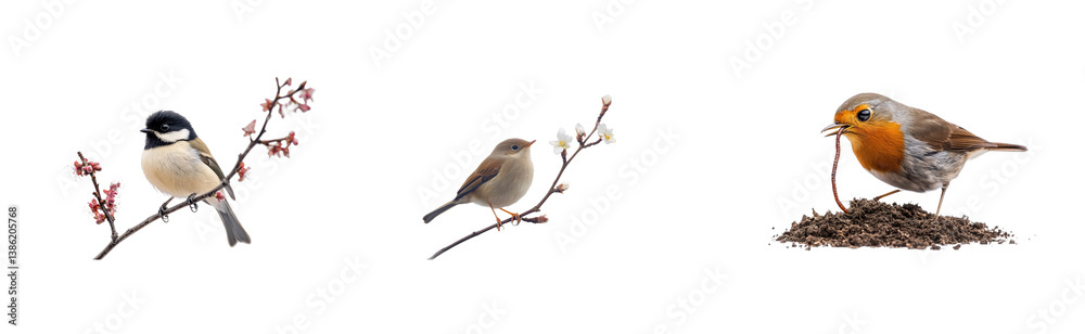 Obraz premium Colorful birds on branches: chickadee, finch, robin with worm. Set png cut out