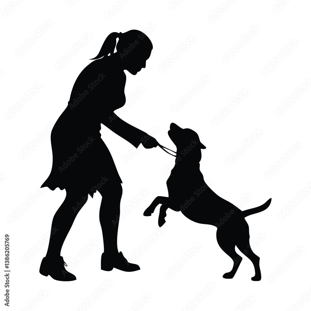 Training Moment: Silhouette of a woman guiding a dog, mastering a moment of shared focus in a clean, graphic style. Training Moment: Silhouette of a woman guiding a dog, mastering a moment of shared focus in a clean, graphic style.
