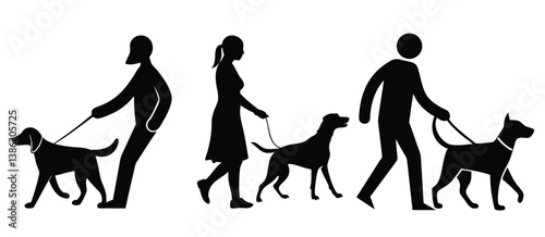 Silhouette Stroll: A serene trio of figures enjoying a leisurely walk with their loyal canine companions, beautifully presented as silhouettes, enhancing the graphic appeal