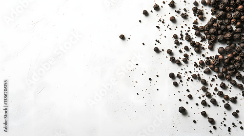 Dark gray whole cubeb peppercorns scattered on a white background, their bold textures and unique shapes catching the light.