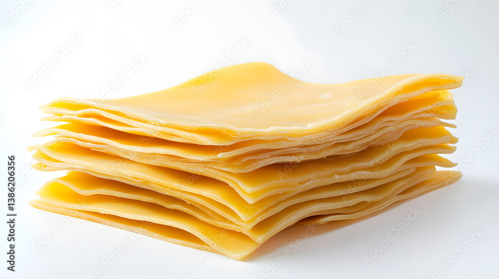 Lasagna sheets placed flat in neat layers with slight overlapping on a white background, emphasizing their smooth texture and thinness. Lasagna sheets placed flat in neat layers with slight overlapping on a white background, emphasizing their smooth texture and thinness.