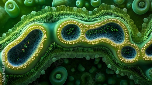 Electron microscope view of chloroplast action ultra detailed photorealism intricate grana structure ATP production scientifically accurate molecular interaction soft cinematic lighting perfect