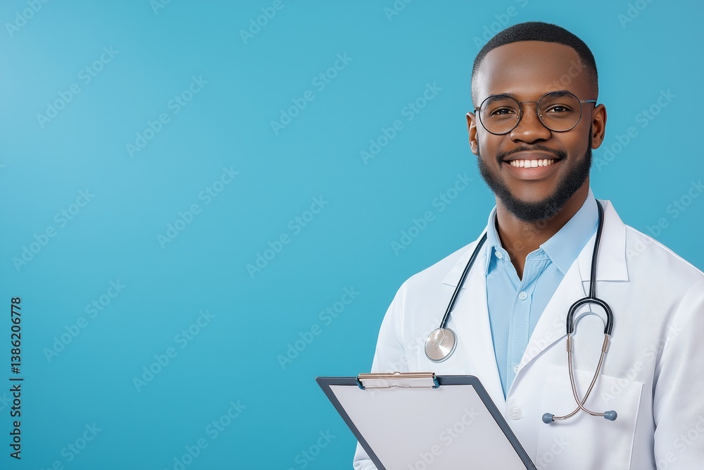 Portrait of smiling doctor with clipboard and stethoscope on blue background Portrait of smiling doctor with clipboard and stethoscope on blue background