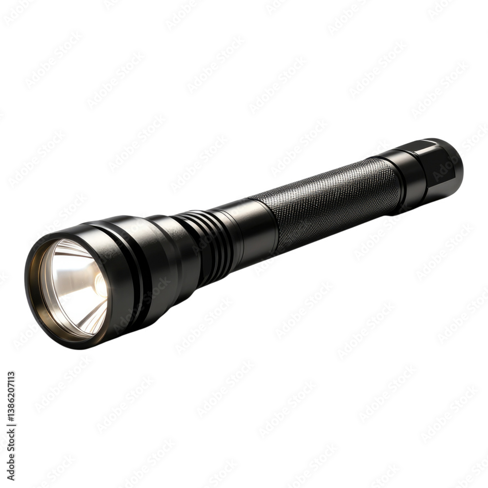 Black flashlight with a white light. PNG, Transparent