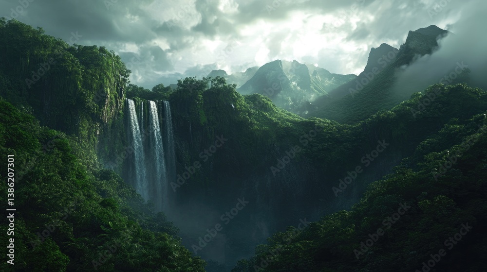 Fototapeta premium A dramatic waterfall cascading into a lush green valley