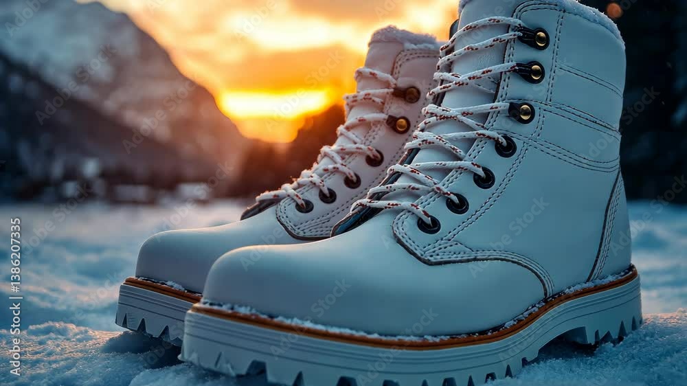 White Winter Boots in Snowy Mountain Sunset