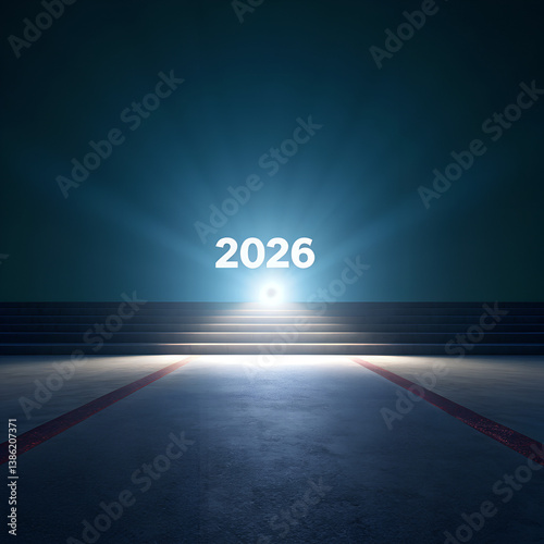 New Year 2026 illuminated steps in dark background  