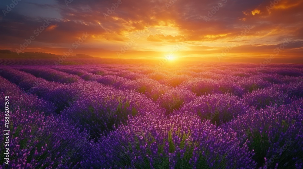 Obraz premium Golden Hour in Lavender Fields: A Serene Sunset Landscape