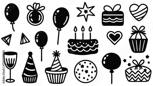 Set off carnival celebration concept line clipart symbol collection. sketch birthday cake, balloon, decoration