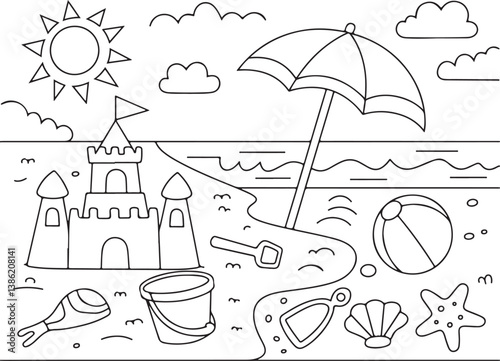 Black and White line drawing silhouette of a Beach Scene Coloring Page for Kids