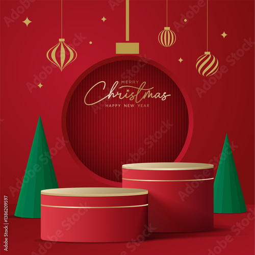 Realistic 3D Christmas podium on a red background. Christmas tree, deer, star and ornament on the stage. Perfect for product display, mockups, showrooms and showcases. Vector illustration