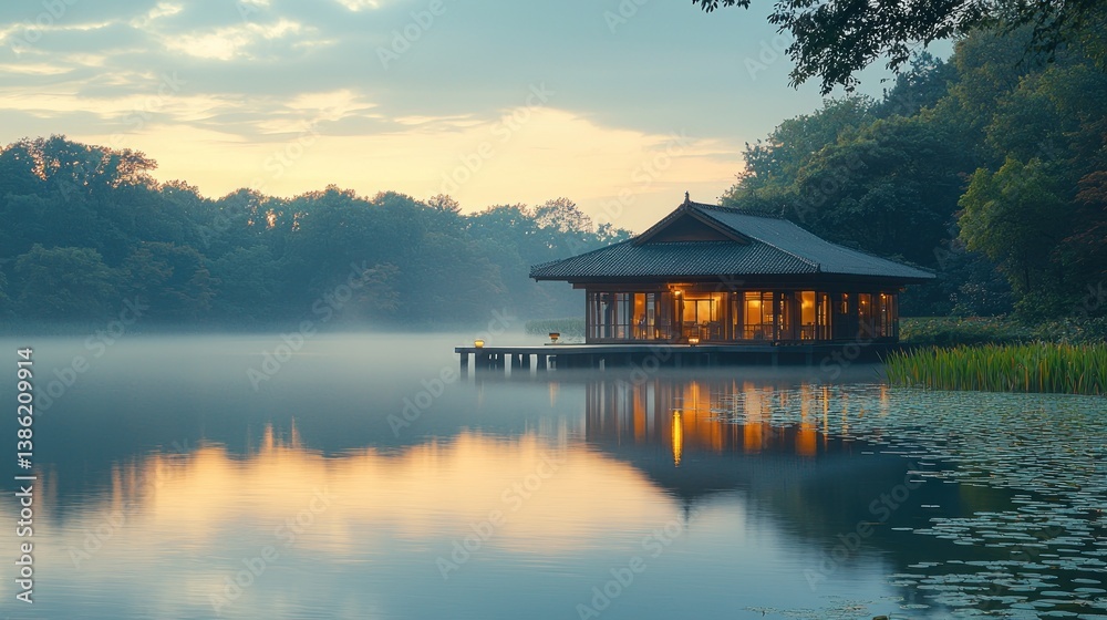 Fototapeta premium Serene lakeside pavilion at sunrise, misty water reflecting warm lights.