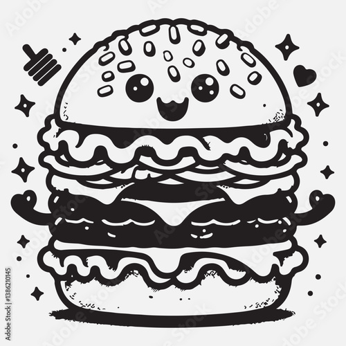 Groovy fast food burger character with funny face stock illustration