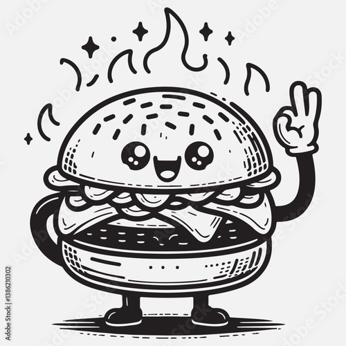 Groovy fast food burger character with funny face stock illustration