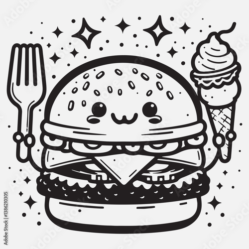 Groovy fast food burger character with funny face stock illustration