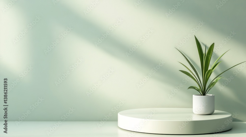 Minimalist plant display podium, pale green background, sunlit, for product showcase Minimalist plant display podium, pale green background, sunlit, for product showcase