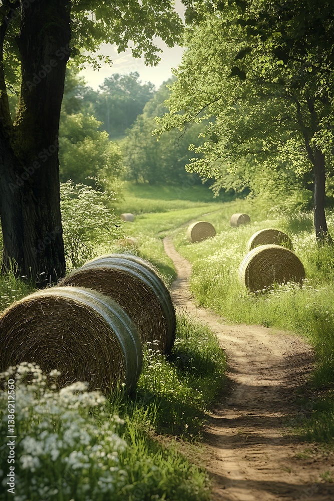 Panoramic summer meadow scene with wrapped silage bales, creating a high-depth-of-field rural photography look. Panoramic summer meadow scene with wrapped silage bales, creating a high-depth-of-field rural photography look.